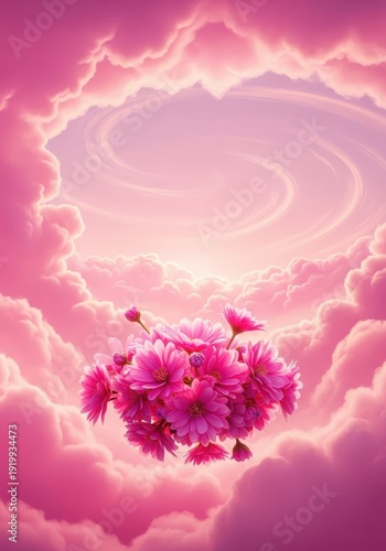 Ethereal pink cloudscape featuring lush pink flowers floating amidst soft pastel pink clouds, creating a whimsical heavenly backdrop, fantasy, romantic, imaginative