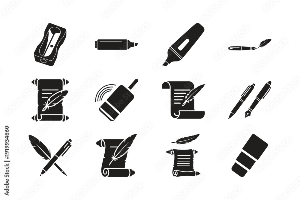 Fototapeta premium Set of black writing instrument icons on white background