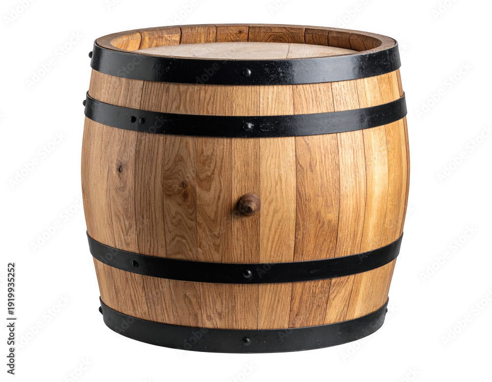 Fototapeta premium A wooden barrel with black metal bands on a black background