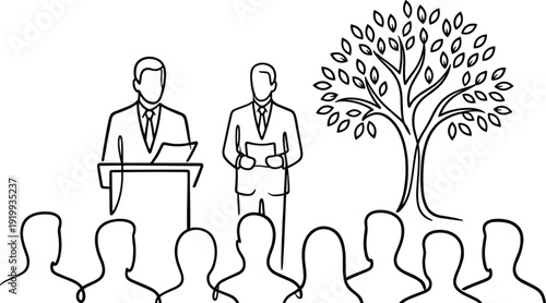 Business conference presentation icons set, speaker podium leader speech audience listening corporate seminar meeting tree growth success vector line art 