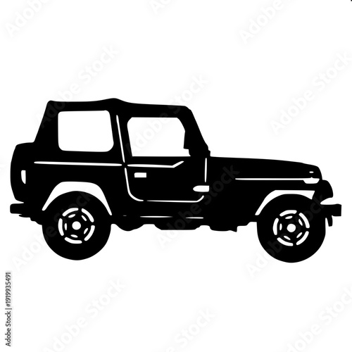 Black silhouette classic jeep side view, open top design, spare tire mounted at back, vector illustration, white background