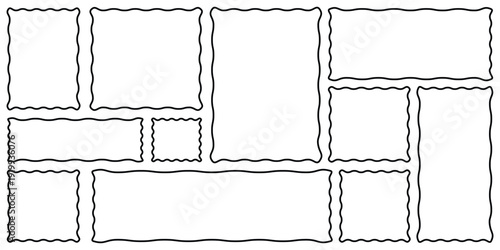 Rectangle shapes with curvy squiggly doodle lines. Zig zag wavy edge rectangle frame or border shapes set.  Set of Outline jagged rectangle shape. Geometric zig zag wavy edge stickers, frames, shapes.
