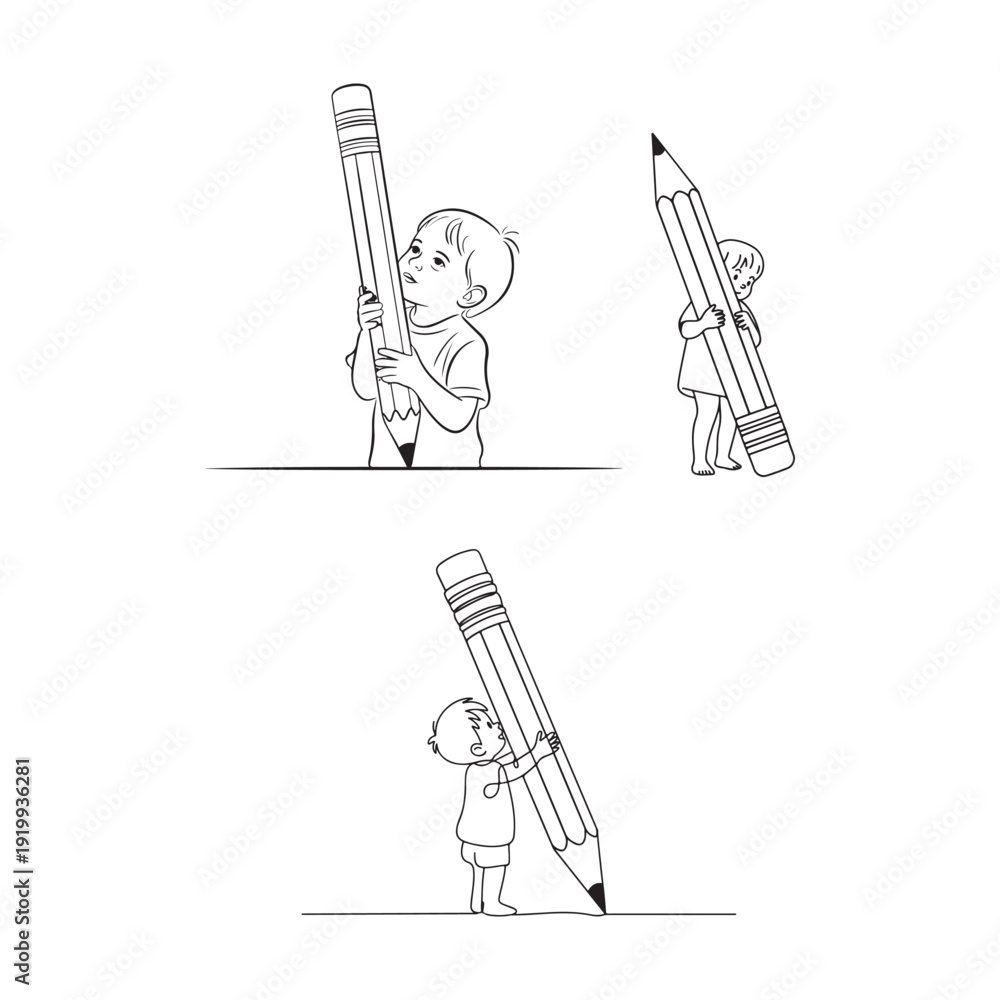 Obraz premium Child holding oversized pencil, minimal contour illustration