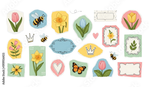 Trendy Ripped Paper Cut Out Elements with Spring Icons for Sticker and Poster Design