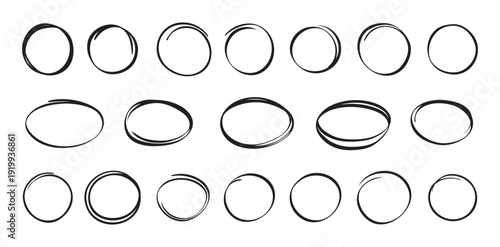Highlight circle isolated hand drawn set . Doodle marker Collection of different black circles.