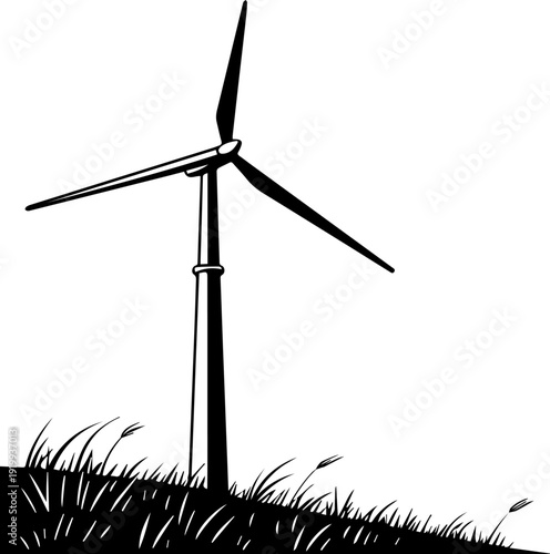Monochrome Wind Turbine on Grassy Hill Vector Illustration