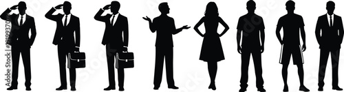 Black silhouette set of diverse professional people including businessmen in suits with briefcases and casual characters for corporate and social lifestyle concepts