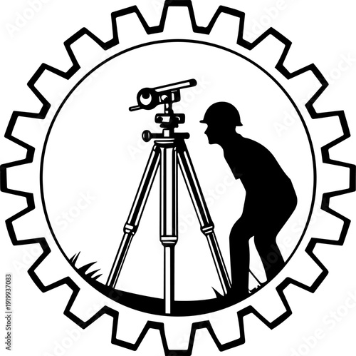 Surveyor with Theodolite in Gear Icon Black and White Vector Graphic for Engineering and Construction