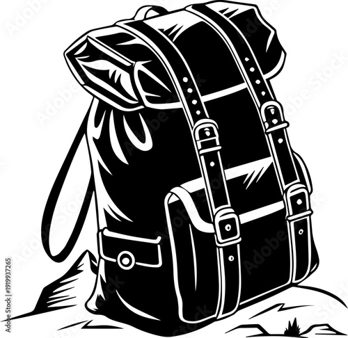 Vintage Style Backpack Vector Graphic for Hiking and Outdoor Adventure Black and White Illustration