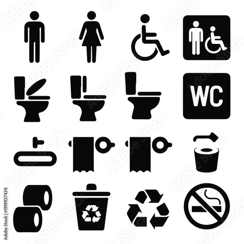 Collection of minimalist public restroom and hygiene icons.