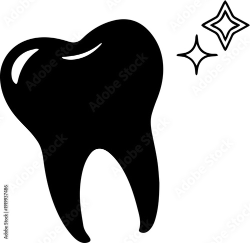 Clean Sparkly Tooth Icon Black and White Vector Illustration for Dental Health and Oral Hygiene