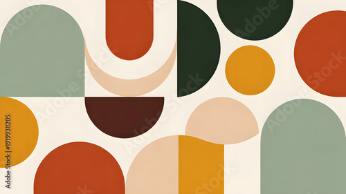 A colorful abstract art piece featuring various shapes and forms in earthy tones
