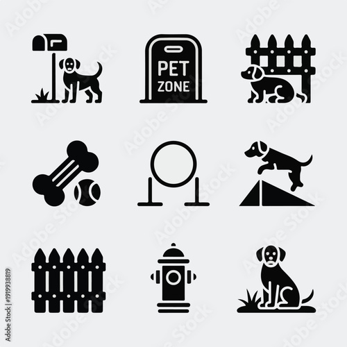 A collection of minimalist pet zone and dog park icons.