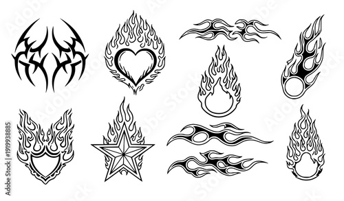 Retro Y2K Tribal Flame and Heart Sticker Pack – Tattoo Inspired Vector Collection