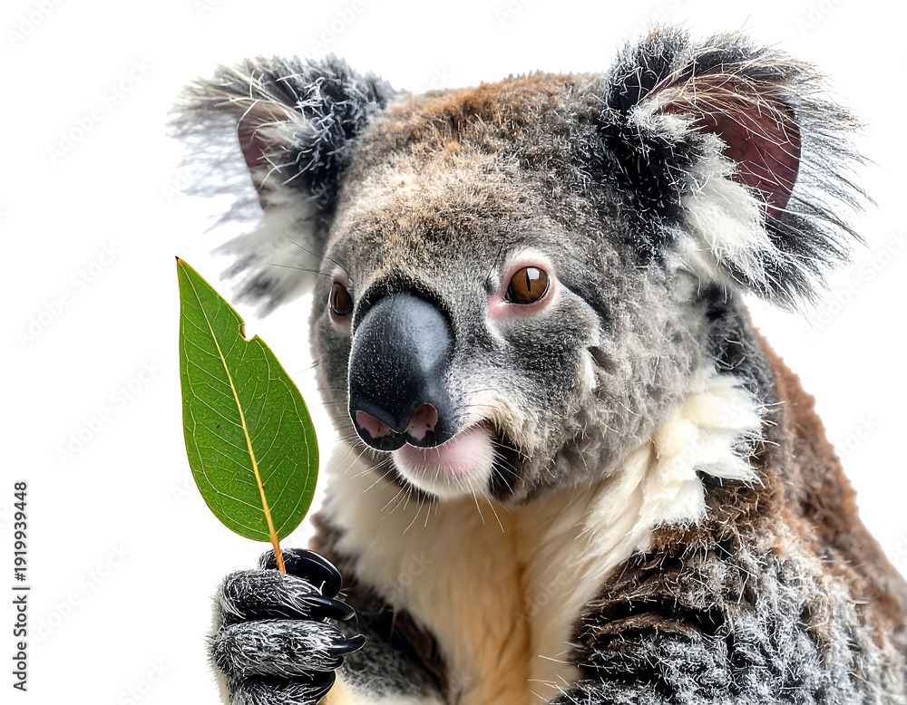 Obraz premium Calm Koala Holding Leaf Against White Background