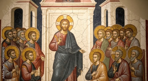 Byzantine fresco depicting Jesus Christ teaching his apostles in a sacred setting, showcasing traditional Orthodox Christian iconography.