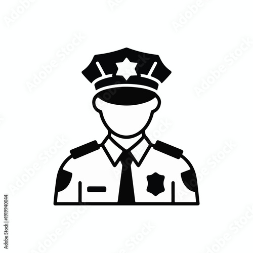 A professional black and white icon of a police officer in uniform.