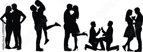 Collection of romantic black silhouettes of heterosexual couples in love embracing kissing and proposing marriage isolated on a dark gray background for wedding designs