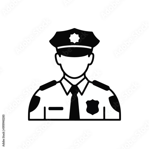 A professional black and white icon of a police officer in uniform.