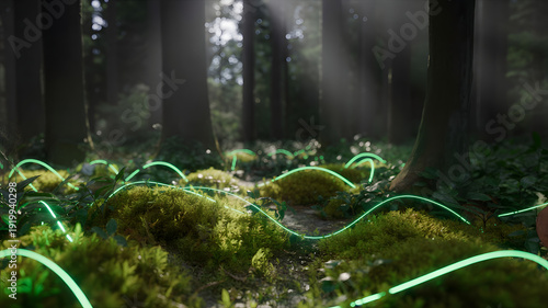 A serene forest floor with vibrant green neon lights and mossy growth in a peaceful natural setting
