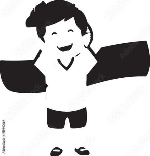 A joyful child with a big smile and outstretched arms in a black and white illustration