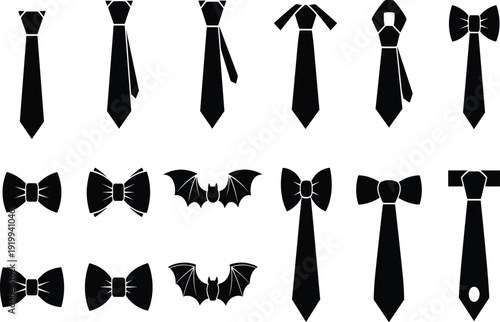 Black necktie and bow tie vector icons set including creative bat wing neckwear designs and formal suit accessories silhouettes isolated on white background for fashion