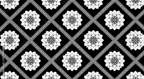 Intricate black and white floral pattern with diamond shapes and geometric lines decorative design element