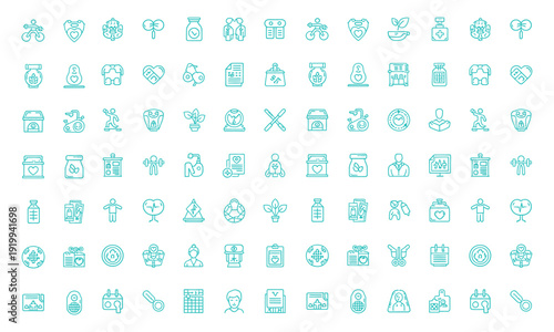 A collection of 80 blurry teal icons on a white background