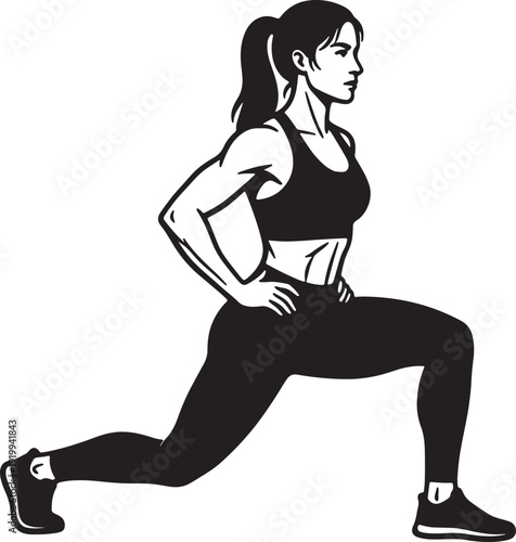 Fitness illustration of a strong woman performing a lunge exercise in black and white
