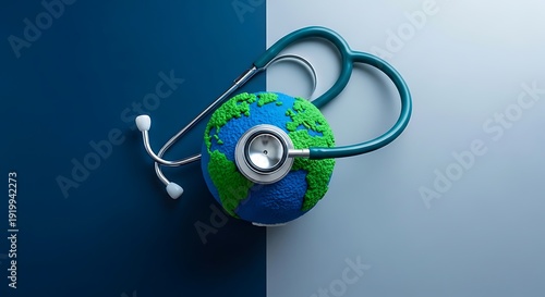 Stethoscope Wrapped Around a Miniature Globe on a Split Blue Background