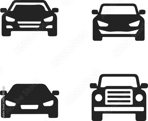 Four simplified black silhouettes of various automobile front views