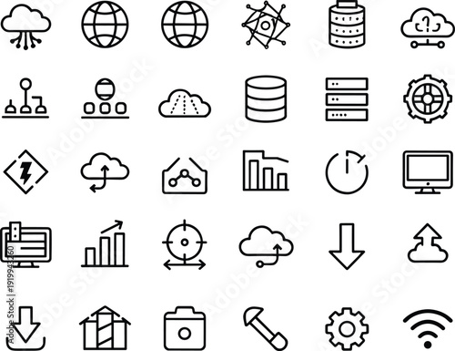 Black line icon set of cloud computing, internet, IoT, global network, database, server, data storage, security, upload, wireless connection symbols