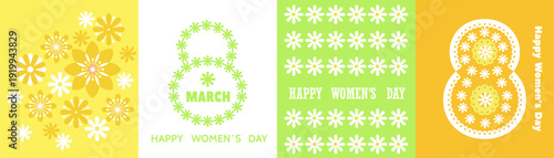 Happy 8 March International Womens Day set cards Template art background design lace retro frame border element for poster, invitation, sale, social media Vector icon illustration