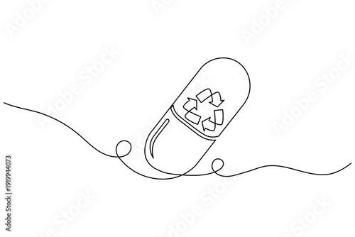 Pill with Recycle Sign Continuous One Line Drawing Sustainable Healthcare and Eco Friendly Medicine Illustration