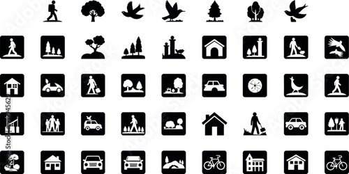 Collection of black and white silhouette depicting nature people and buildings symbol