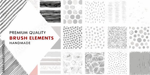 Collection of diverse handmade brushstroke textures and patterns in grayscale