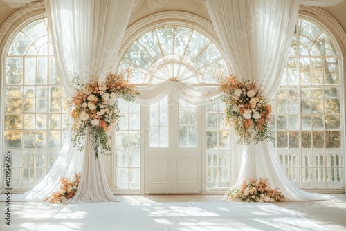 Elegant wedding archway in a sunlit conservatory