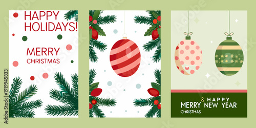 Festive holiday cards with christmas ornaments and seasonal greetings