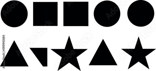 Collection of black geometric shapes circles squares triangles stars on white background