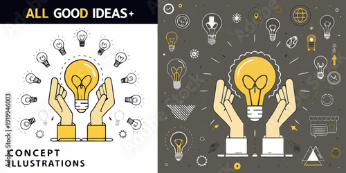 Hands cradling lightbulbs with ideas and innovation illustrations