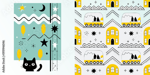 Whimsical pattern featuring moons stars houses and a black cat