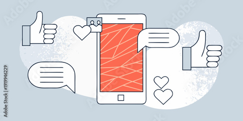 Social media interaction concept with likes hearts and chat bubbles