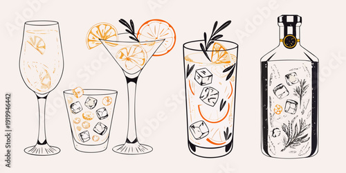 A collection of hand drawn cocktail glasses and a liquor bottle