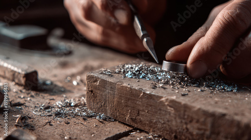 Hands filing silver ring with metal shavings on wooden workbench