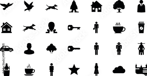 Collection of black silhouette of birds houses dogs trees people keys coffee cars and clouds flying