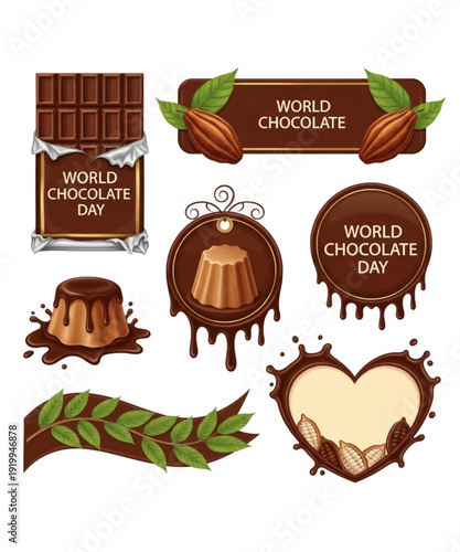World Chocolate Day celebration set with cocoa beans, chocolate bar, fondue, heart, and splashes on brown background