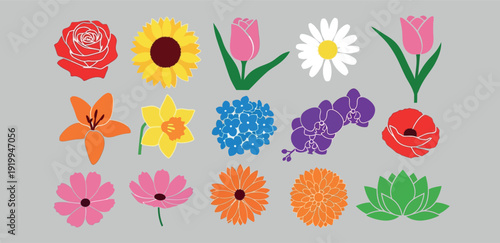 Collection of colorful stylized flowers including rose sunflower tulip daisy orchid poppy lily and lotus