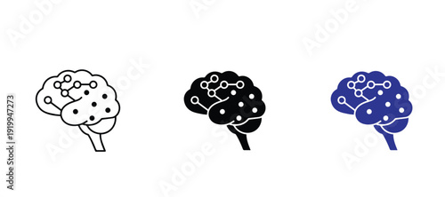 Artificial Intelligence AI Brain Icon Set with Neural Network and Digital Circuit Nodes, Machine Learning Technology and Human Mind Intelligence Symbols in Black and Blue Styles