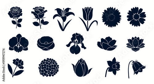 Collection of dark blue flower silhouettes on white background