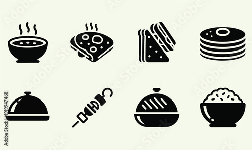 Premium Restaurant  Food Solid Icon Set - 8 Minimalist Black Glyph Graphics for Digital Menus, Culinary Apps, Breakfast Branding  Catering Service Assets